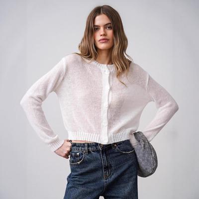 Однотонный Простой Вязаный Кардиган Осень Ленивый Универсальный Повседневный Джемпер с Круглым Вырезом Женский Смесовый Удобный Универсальный Подкладка Длинные Рукава Свитер