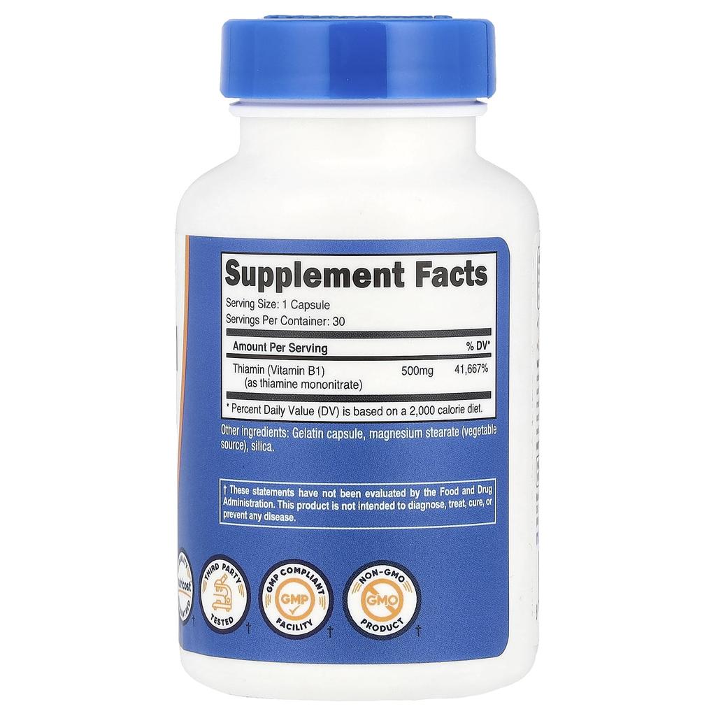 Vitamin B1, 500Mg, 30 Capsules