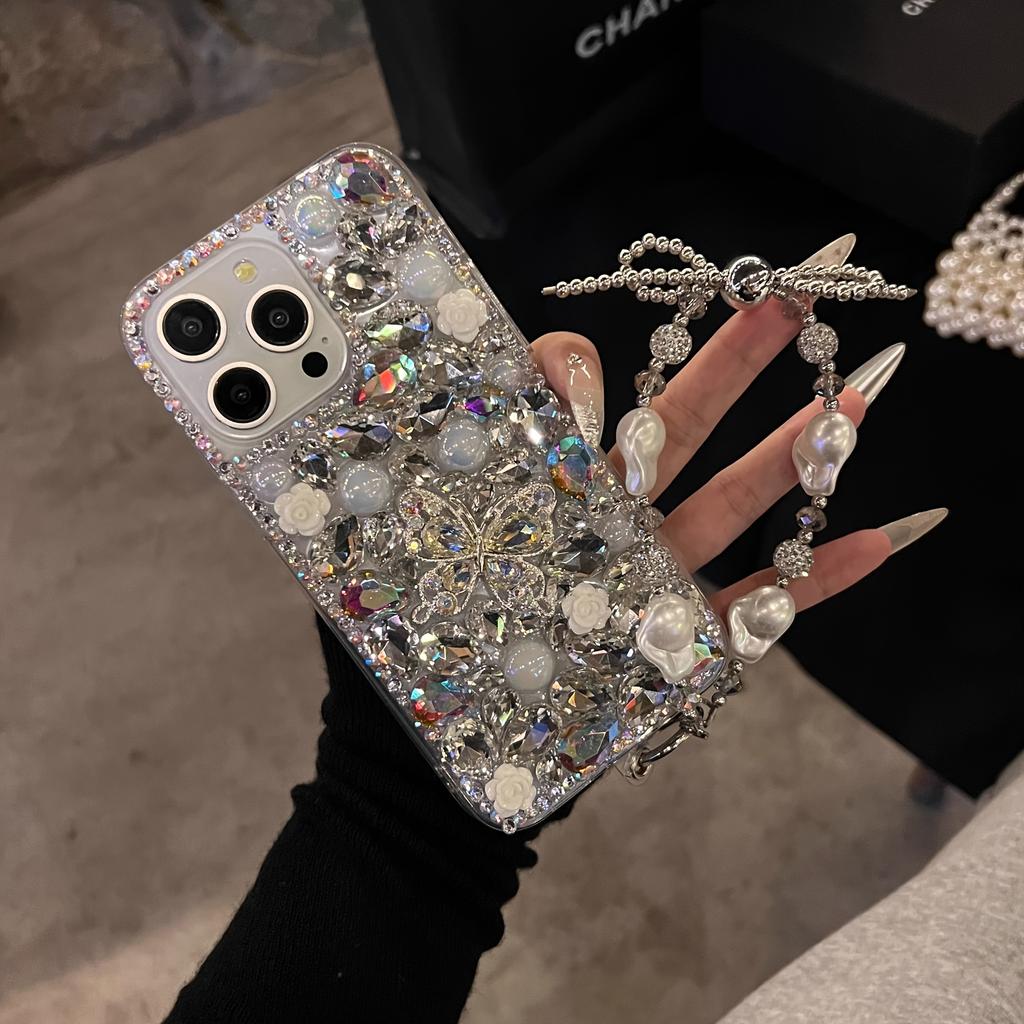 Роскошный женский чехол-браслет с изображением бабочки-камелии на весь экран со стразами для iPhone 16,15,14,13,11,12 Plus, Pro и Pro Max