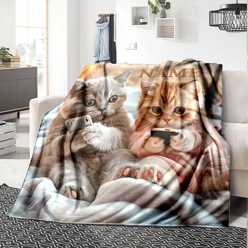 Two Adorable Kittens Holding Phones Home Customize Your Name Blankets Soft Cozy And Lightweight For Yearround Use Perfect For Picnics Sofa Relaxation