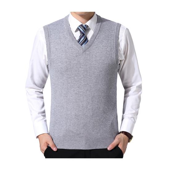 Men Vest Sweater V Neck Sleeveless Slim Fit Solid Color Knitted Pullover Slim Fit Mid Length Thickened Business Style Sweater