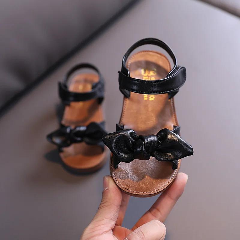 Повседневная нескользящая мягкая детская обувь для малышей с узлом-бабочкой, летние корейские пляжные сандалии принцессы с открытым носком для маленьких девочек