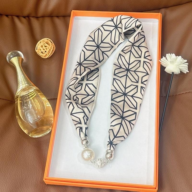 Silk Scarf Women's Spring, Autumn and Summer New Fashion Neck Protection Decoration Long Necklace Type Magnetic Buckle Scarf Small Scarf