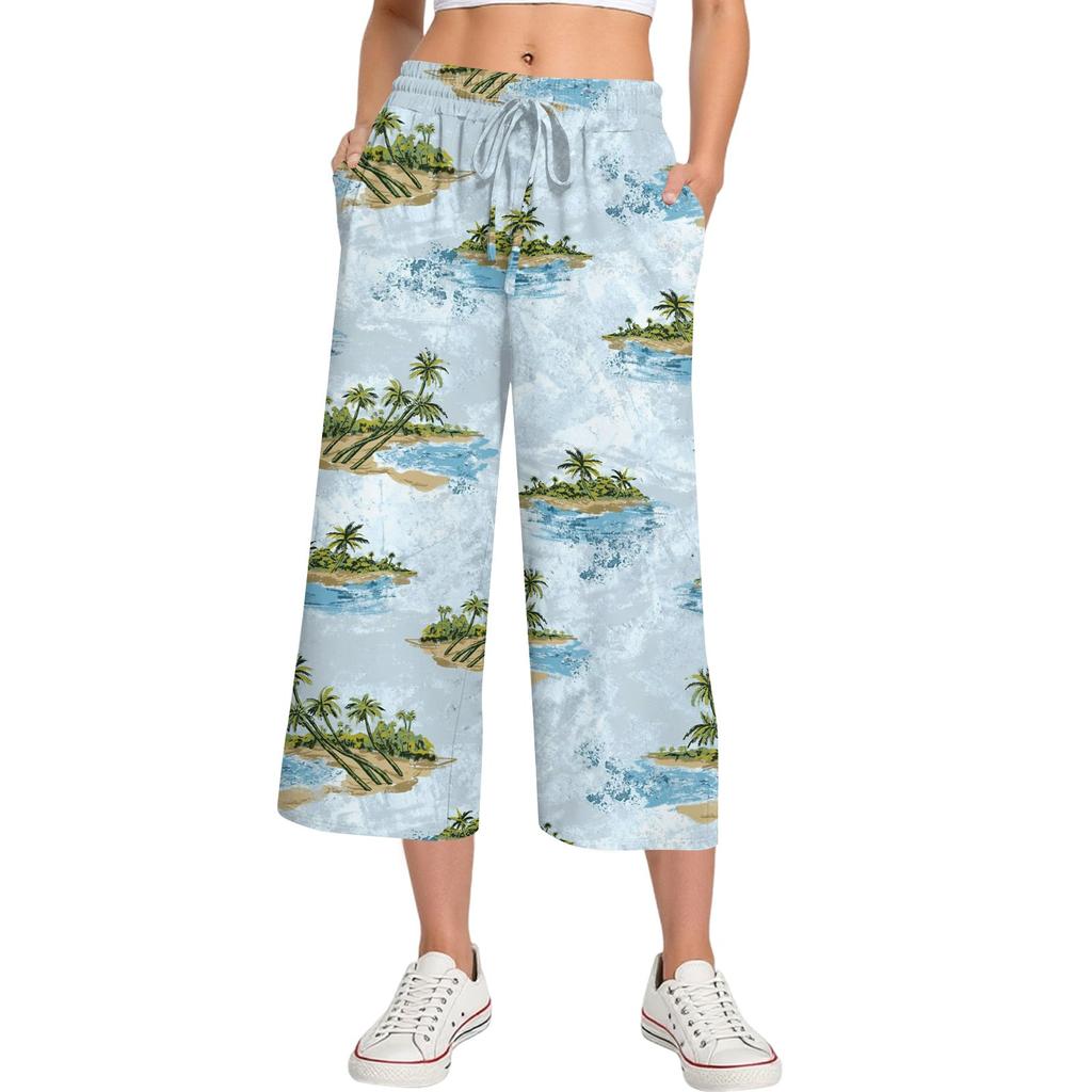 Женские летние повседневные спортивные брюки с высокой талией и принтом, укороченные брюки свободного покроя