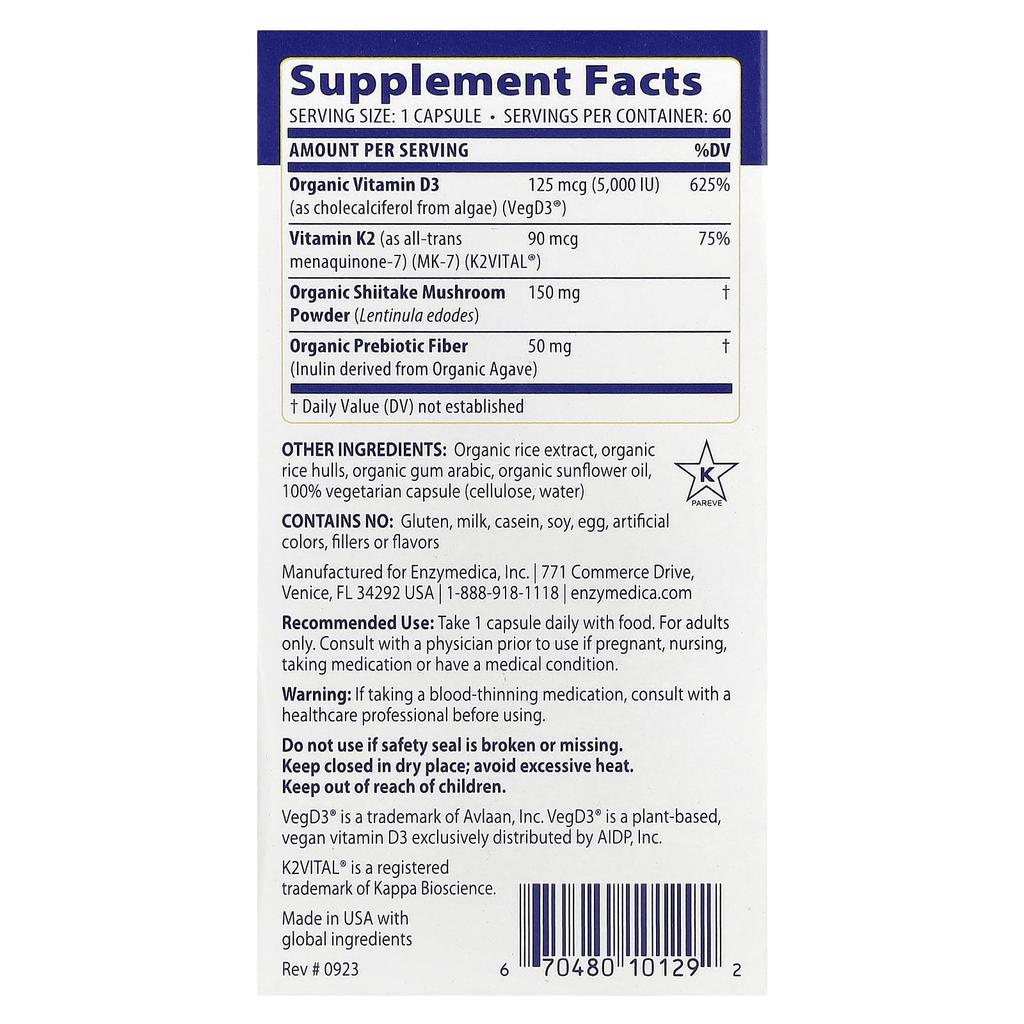 Enzymedica, Vitamin D3 + Vitamin K2, 60 capsules