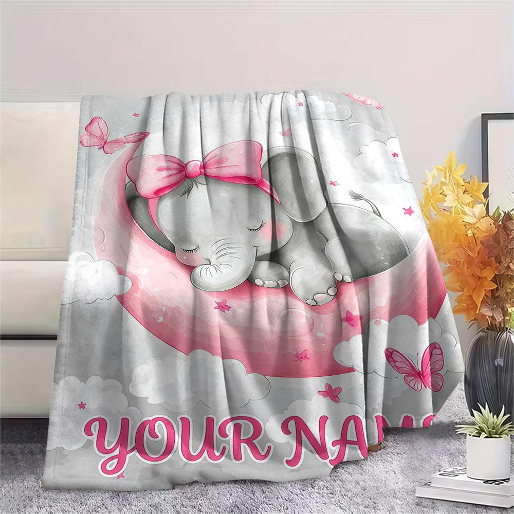 1PC Custom Name Pink Elephant Dreams Patterned Flannel Blanket Suitable For All Seasons for Home Decor Warmth and Comfort Gifts Holiday Present_lx