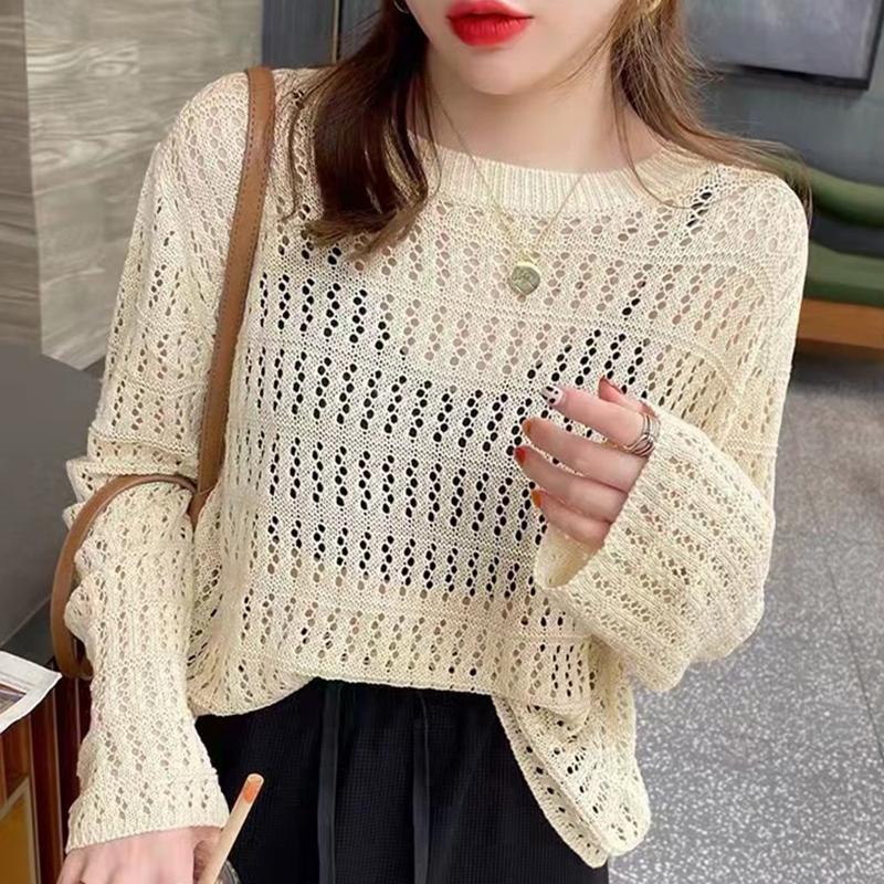 Vintage Loose Smock Tops Autumn All-match Casual Geometic Hollow Out Outfits Y2K See-though Knit Shirts Sweater Pullover