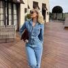 Women Jumpsuits Turn Down Collar Full Sleeve Denim One Piece Slim Fit Tight Waist Wide Leg Long Pants Overalls Casual Rompers