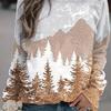 Plus Size Casual Top, Women's Plus Pine Tree Print Long Sleeve Round Neck Slight Stretch Top