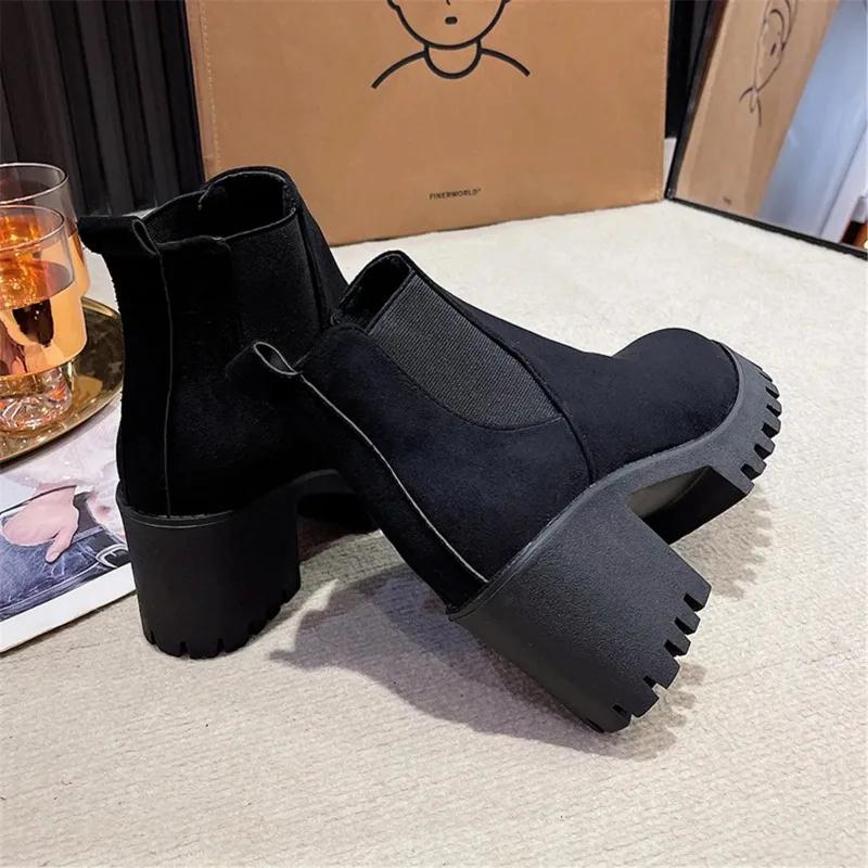 Chunky Ankle Boots Women Square Heel 2025 Autumn Winter New Single Boot Frosted Black Height-raising Platform Heels