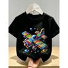 Creative Building Block Airplane Print Kids' Short Sleeve 95% T-Shirt,Daily Casual Wear,  Spaceship Fun and Cool Top