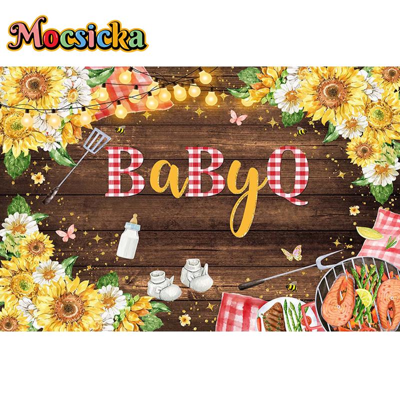 Mocsicka Baby Shower Background Wooden Board Sunflowers Decorations Poster Children Portrait Spring Photography Backdrops Banner