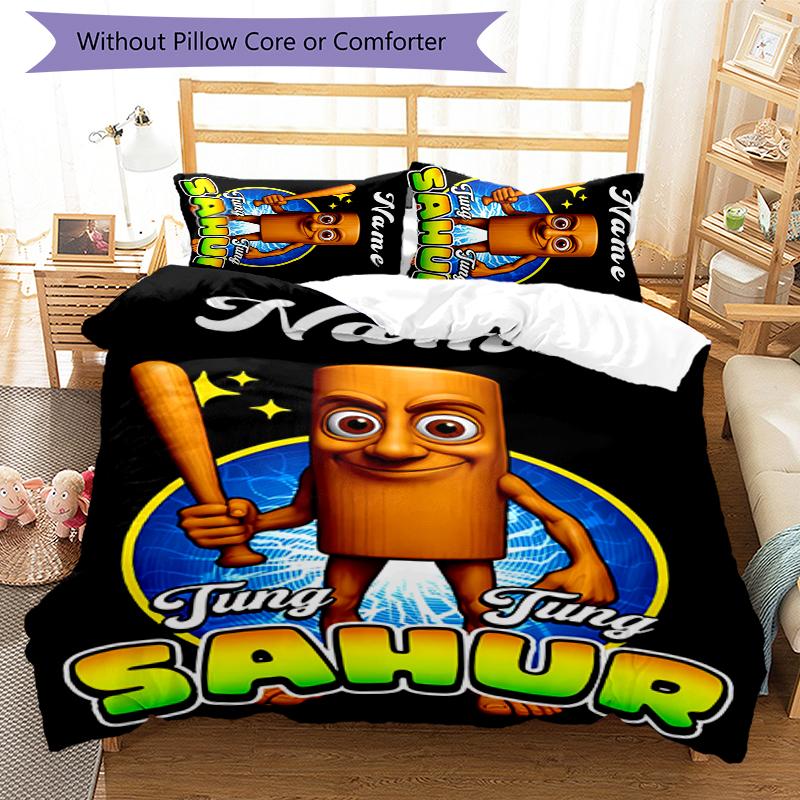 3pcs Custom Name Cartoon Italian Brainrot animal Bedding Set Duvet Cover Closure Includes 1 Duvet Cover & 2 Pillowcases for All Seasons Bedroom Decor
