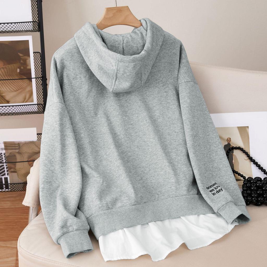 Women's Fleece-Lined Two-Piece Look Hooded Sweatshirt - Slimming, Loose Fit, Korean Style for Autumn/Winter 2025.
