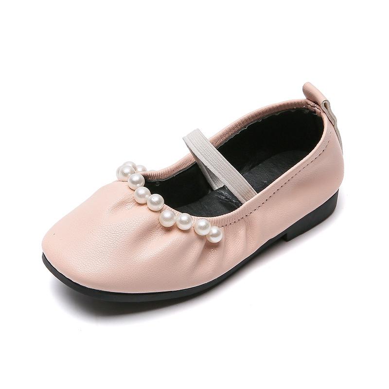 Toddler Girl'S Soft Face Black Princess Leather Shoes Children Beaded Pleats Flats Kids Beige Dance Party Wedding Dress Shoes