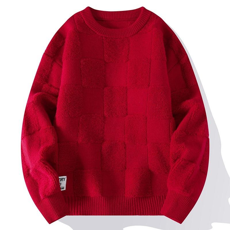 American Style Towel Check Design Fashion Sweater Coat Men's Fall Winter Casual Loose Pullover Unisex Sweater Streetwear