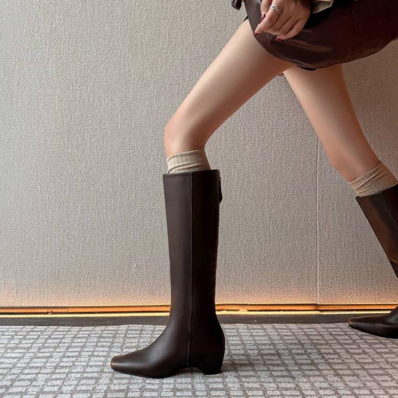 Женские кожаные ботинки на осень и зиму, однотонные, кожаные, большого размера, модные женские ботинки, универсальные, из коровьей кожи, на молнии, на среднем каблуке, с квадратным носком, высокие б