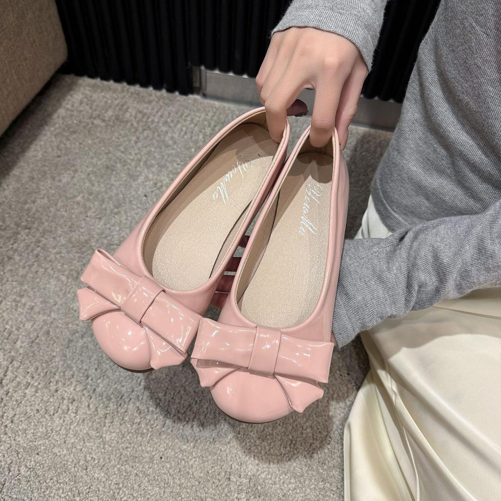 French gentle wind round head single shoes women's autumn and winter bow girl flat bottom with skirt light mouth versatile ballet shoes