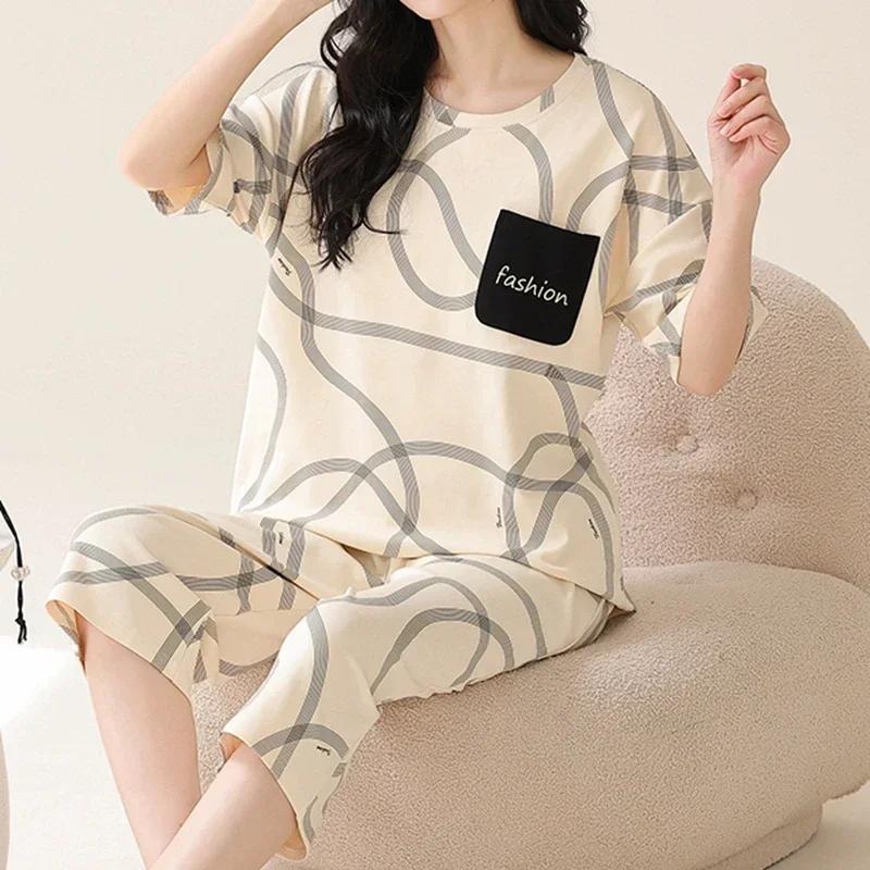 Летние пижамы-капри для женщин, повседневные пижамные комплекты с мультяшными лацканами, милая пижама для девочек из мягкого хлопка