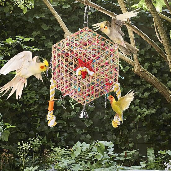 Hexagonal Bird Foraging Shredding Toy Safe Chewable Boredom Relief Pendant Toy for Parakeets Cockatiels Conures