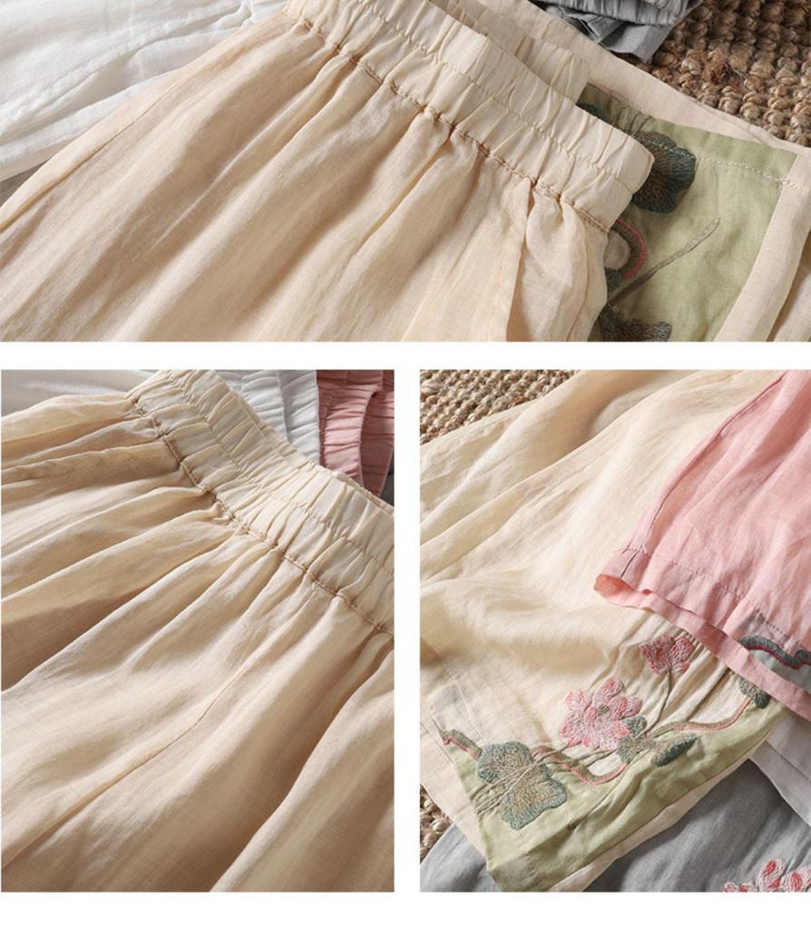 Женские ретро хлопково-льняные широкие брюки с вышивкой 2024 - Летние легкие повседневные брюки длиной до щиколотки.