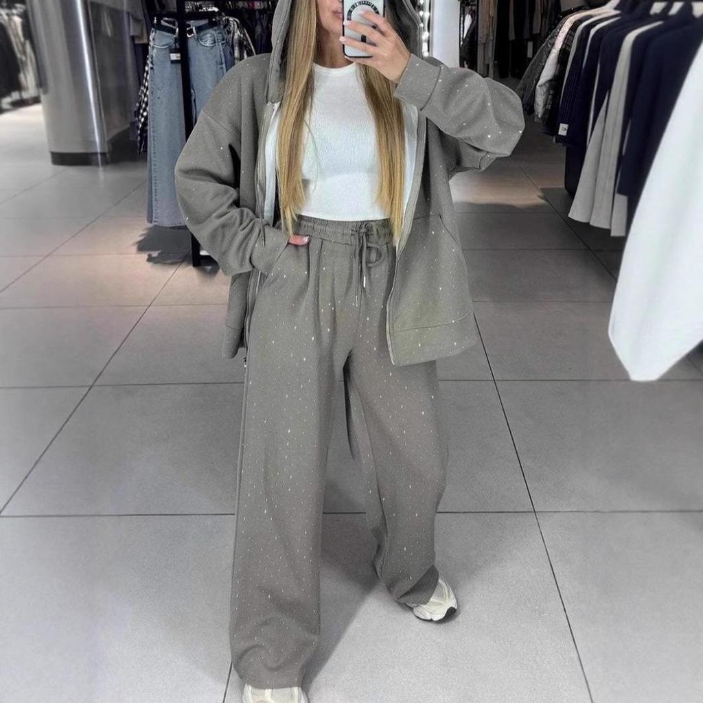 Европейский и Американский Комплект из Двух Предметов: Худи и Широкие Брюки - Женский Повседневный Осенне-Зимний Спортивный Костюм на Молнии с Полной Декорацией Стразами