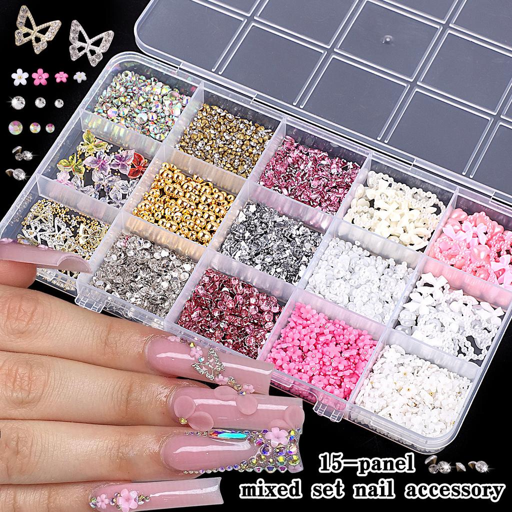 15 Grid Resin Alloy Charms 3D Hollow Butterfly Heart Flower Mini Beads Fake Nail Accessories DIY Nail Art Decor