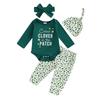 Весенний комплект для девочки с длинными рукавами, круглым вырезом, принтом в виде букв и клевера, комбинезон с бабочкой, штаны, повязка на голову, шапочка