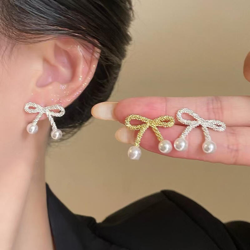 Simple Exquisite Bowknot Stud Earrings for Women Girl Sweet Cute Imitation Pearl Drop Earrings Daily Commute Jewelry Accessories