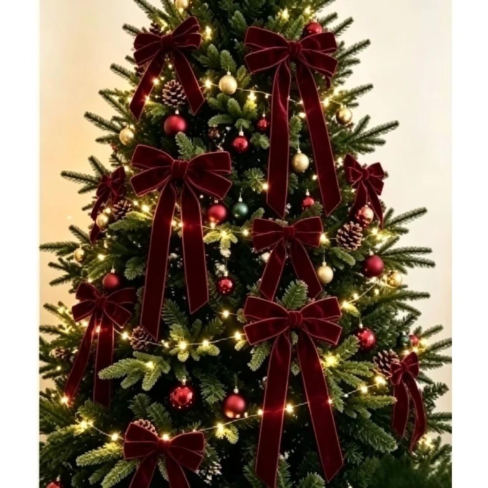 5Pcs Bow Christmas Bow Ornament Velvet Xmas Hanging Pendant Vintage Xmas Gift Box Bow  Navidad Decor