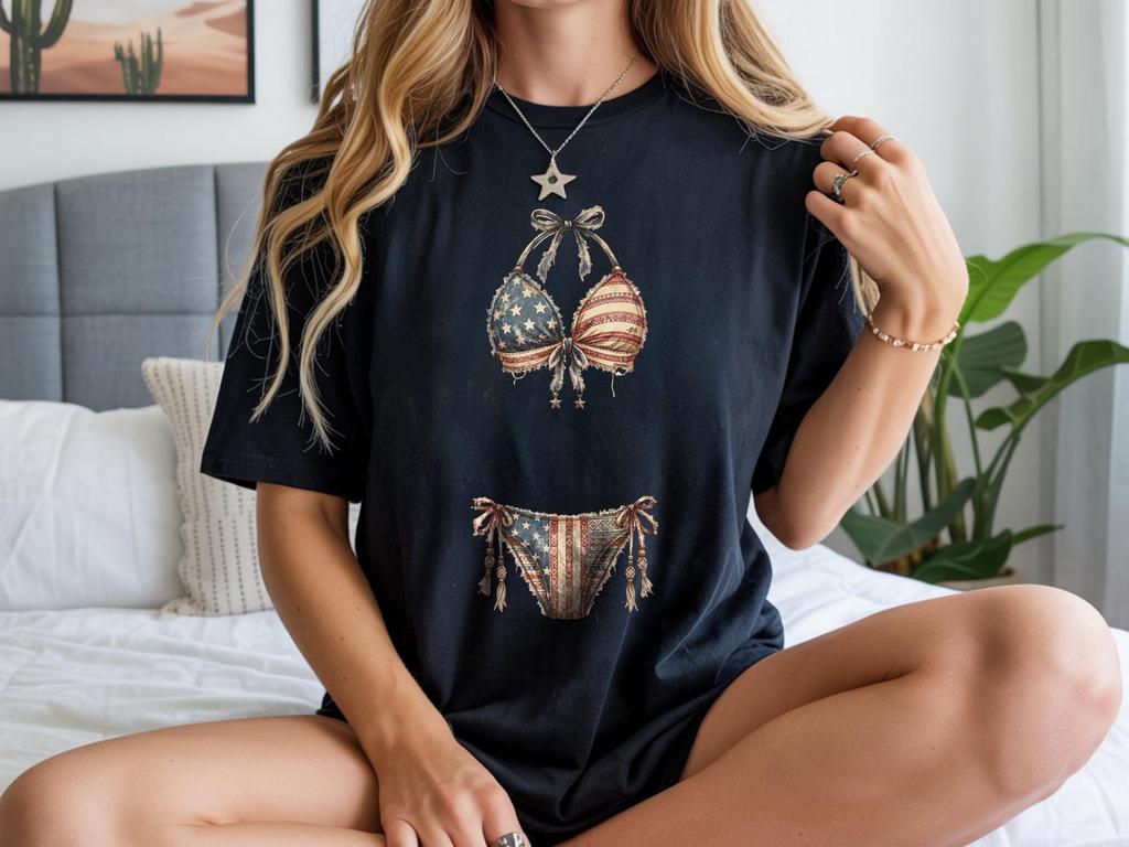 American Flag Bikini Graphic Tee, Comfort Colors® Patriotic Beach Top, American 250 Merchandise, USA Anniversary Shirt