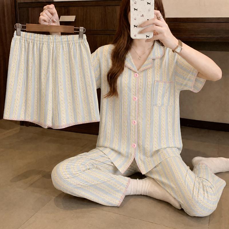 Little fresh fairy style summer new short-sleeved pajamas women's lazy sense loungewear cloud cotton three-piece set