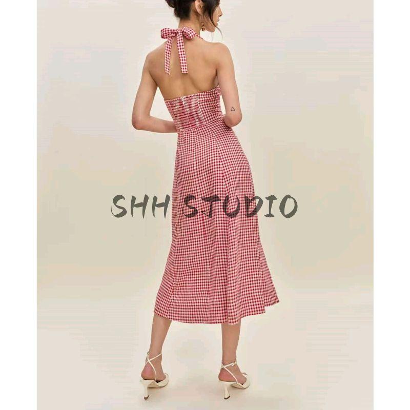 Summer New Product Women's Clothes Vacation Style Plaid Halterneck Lace-up Sleeveless Silm Waist-Tight Split Long Dress