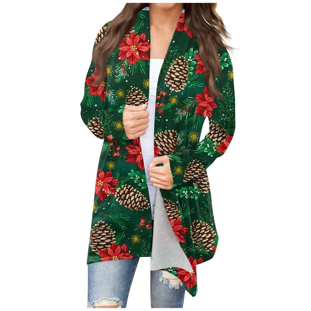 Women's Fashion Casual Christmas Print Medium Length Cardigan Jacket Coat