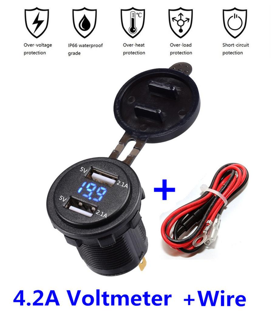 Motorcycle Dual USB Charger Socket With Blue LED Voltmeter Wire In-line 10A Fuse