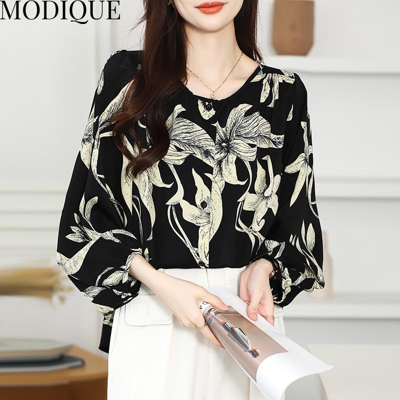 MODIQUE весна лето большие размеры женские свободные повседневные элегантные хлопковые льняные шифоновые блузки с цветочным принтом рубашки женские базовые с круглым вырезом пальто с пышными рукавами