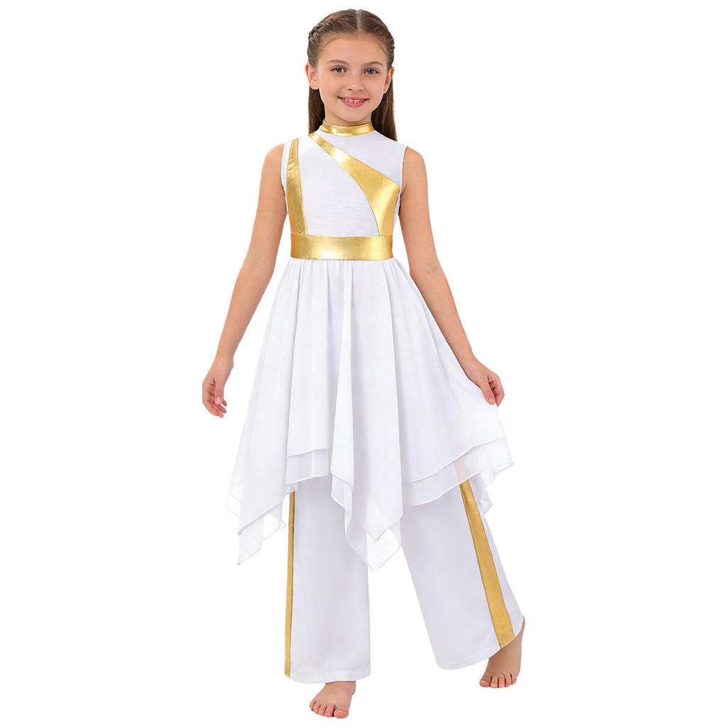 Girls Metallic Patchwork Sleeveless Dress Lyrical Dance Outfit Wide Leg Pants