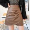 Women PU Leather Skirt Hip Skirt High Waist Anti-peep Sexy Pleated Short Skirt Half Skirt with Safety Pants