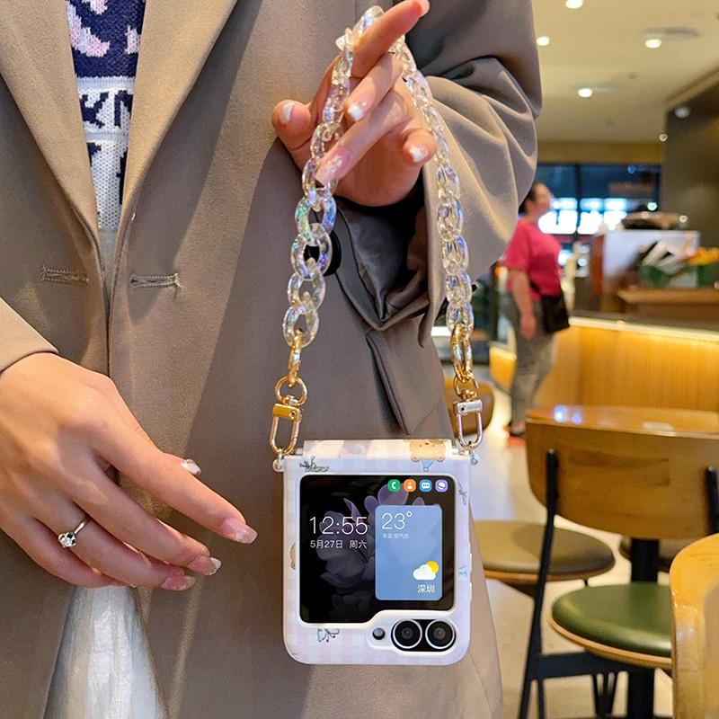 Cute Pink Plaid Foldable Phone Case Leather Cover With Crystal Chain For Samsung Z Flip6 Z Flip5 Z Flip4 Xiaomi Mix Flip Huawei P50 Pocket