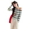 Contrasting Color Striped Long-sleeved T-shirt Women's Autumn New Temperament Versatile Slanted Shoulder Student Slim-fitting and Thin Top