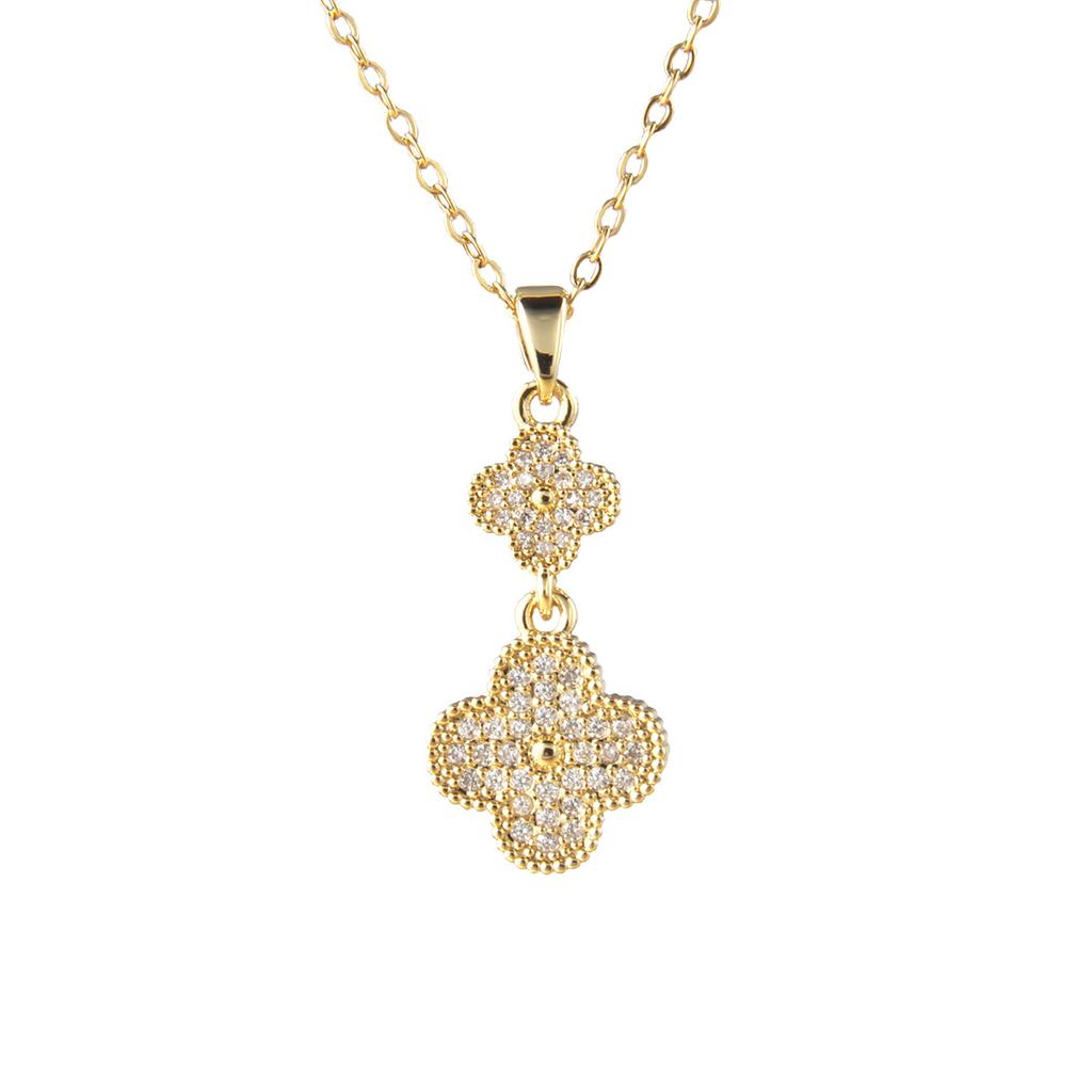 Copper Micro Inlaid 18K Gold Zircon Clover Stainless Steel Necklace