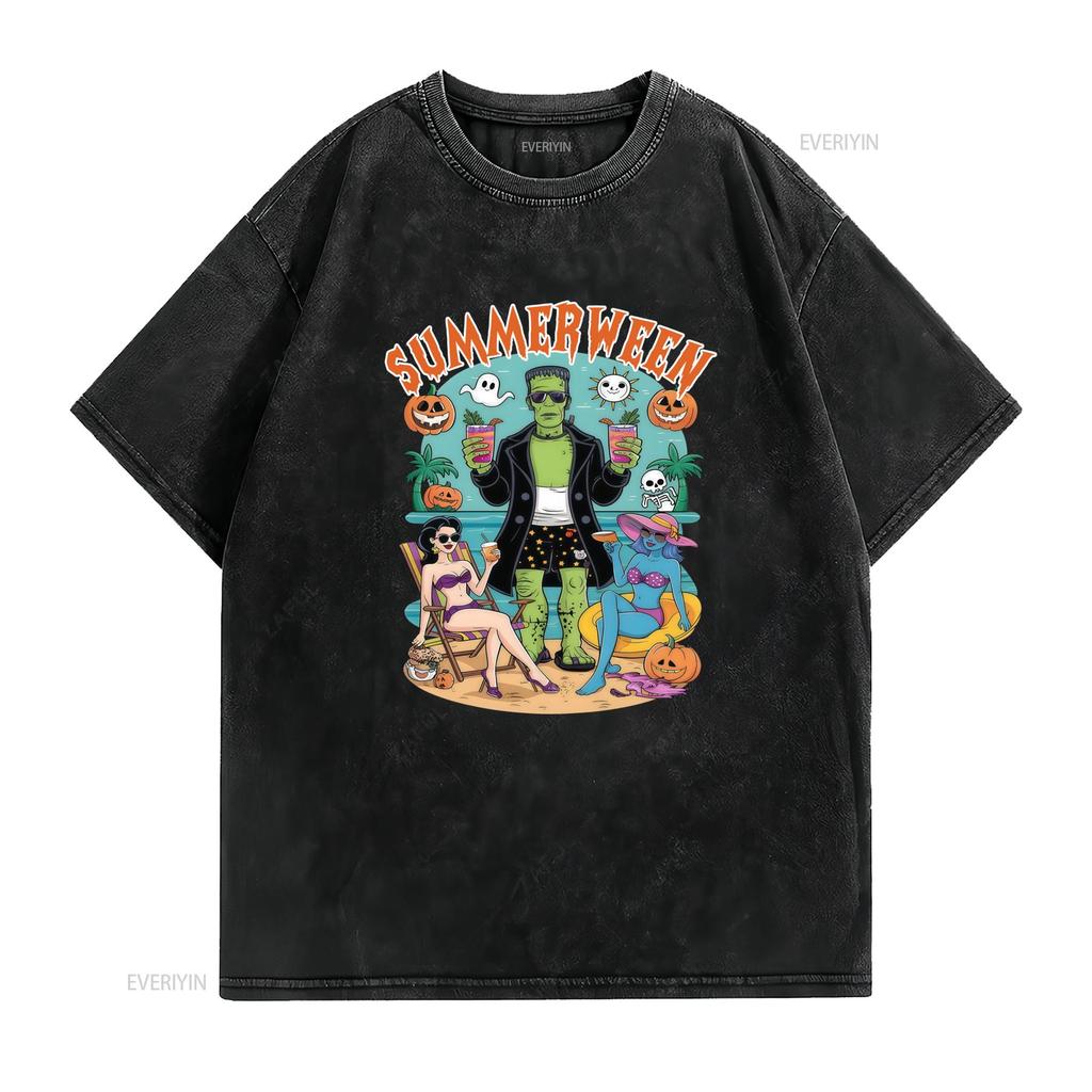 Casual Retro Cartoon Summerween Frankenstein Funny Spooky Beach T Shirt vintage Washed Top For Everyday Wear Breathable