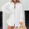 2 Pcs/Set Women Shirt Shorts Set Solid Color Long Sleeves Lapel Collar Single-breasted Split Blouse High Waist Loose Above Knee