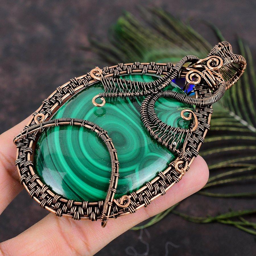 Подарочный кулон ручной работы из медной проволоки из натурального малахита 2,14 R1C85