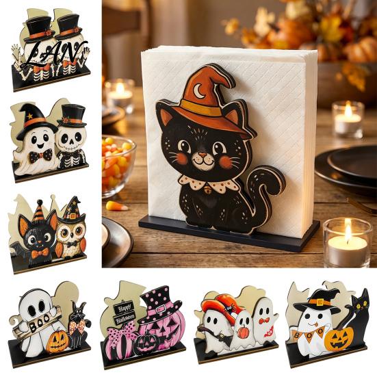 Cute Cartoon Pattern Decor Halloween Wooden Napkin Holder, Black Cat Mummy Pumpkin Table Desktop Organizer for Party, Spooky Festive Kitchen
