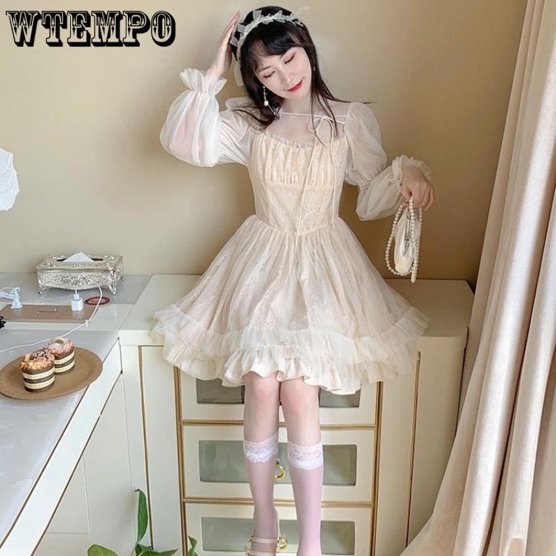 Женское платье в стиле ретро с квадратным вырезом на шнуровке, сказочные нишевые кружевные платья с длинными рукавами