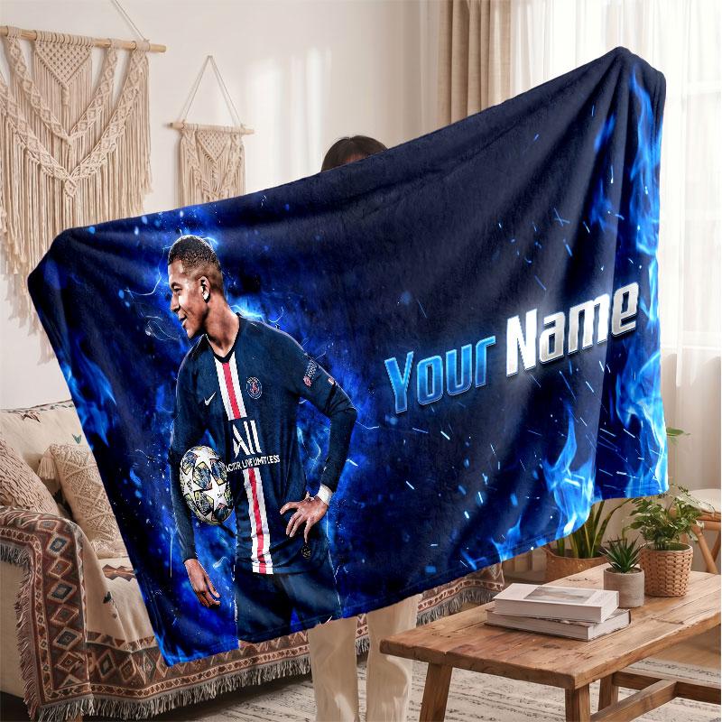 Kylian Mbappe Personalized Fleece Blanket With Football Logo, Custom Name Text Soft Warm Home Throw Blanket