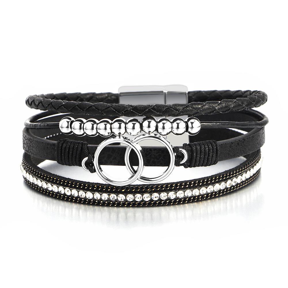 European and American style bracelet ladies multi-layer woven leather foreign trade double ring magnet buckle hand jewelry
