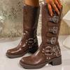 Fashion Fashion Buckle Strap Midi-Calf Boots for Women Autumn Winter Brown Rivet Wedges Boots Woman Plus Size Pu Leather Botas Mujer