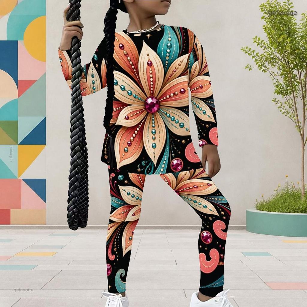 Girls Floral Printed Two Piece Set Round Neck Long Sleeve Top And Fitted Pants